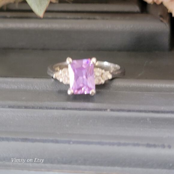 Classic Cut Sterling Silver Amethyst Ring with Crystal Accents, Size 6 1/2 - Picture 8 of 10